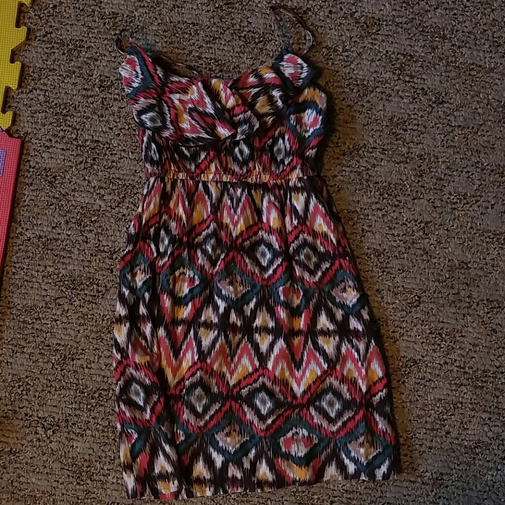 Aztec spaghetti strap dress red white gold brown turquoise southwest print Med
